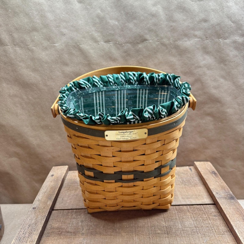 Longaberger 1998 Glad Tidings Christmas Basket Green Liner Protector USA Handle